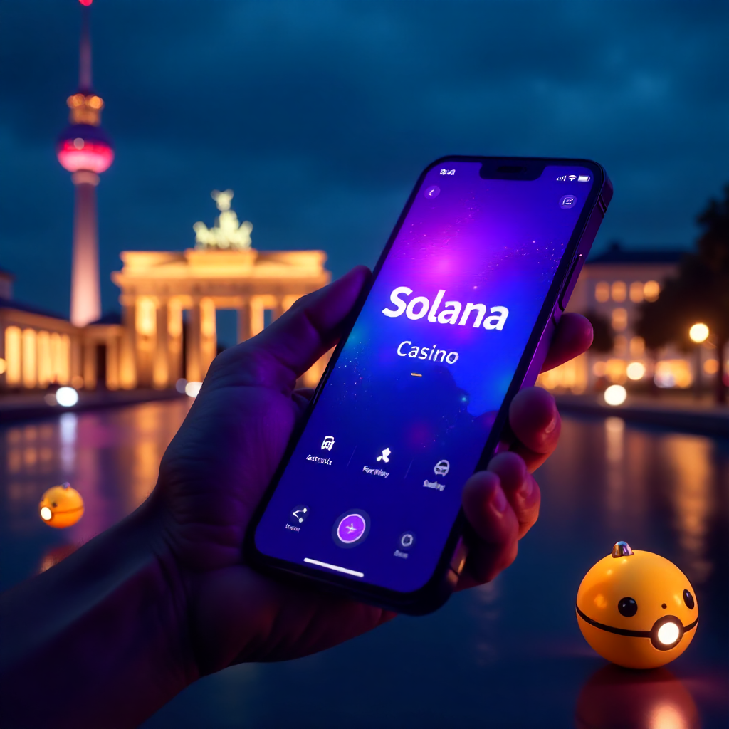 A hand holding a sleek futuristic smartphone displaying the official Solana Casino Germany app with a vibrant purple and cyan interface, background is the Berlin skyline with the Brandenburg Gate and TV Tower at night, 3D Solana logo coins and golden poke